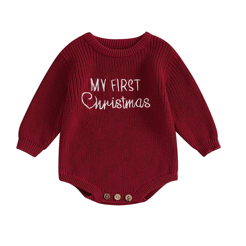 Baby Knit Christmas Romper – Letter Embroidered Long Sleeve Jumpsuit