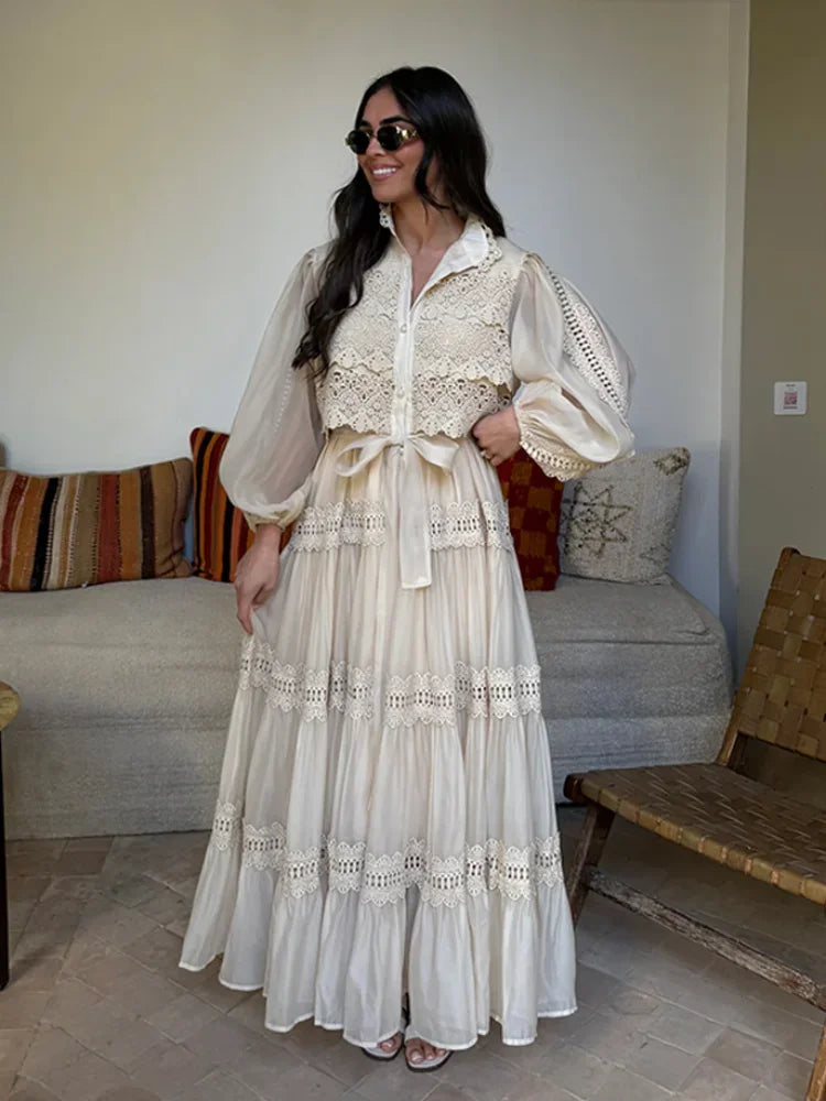 Hollow Out Embroidery Patchwork A-line Long Dress