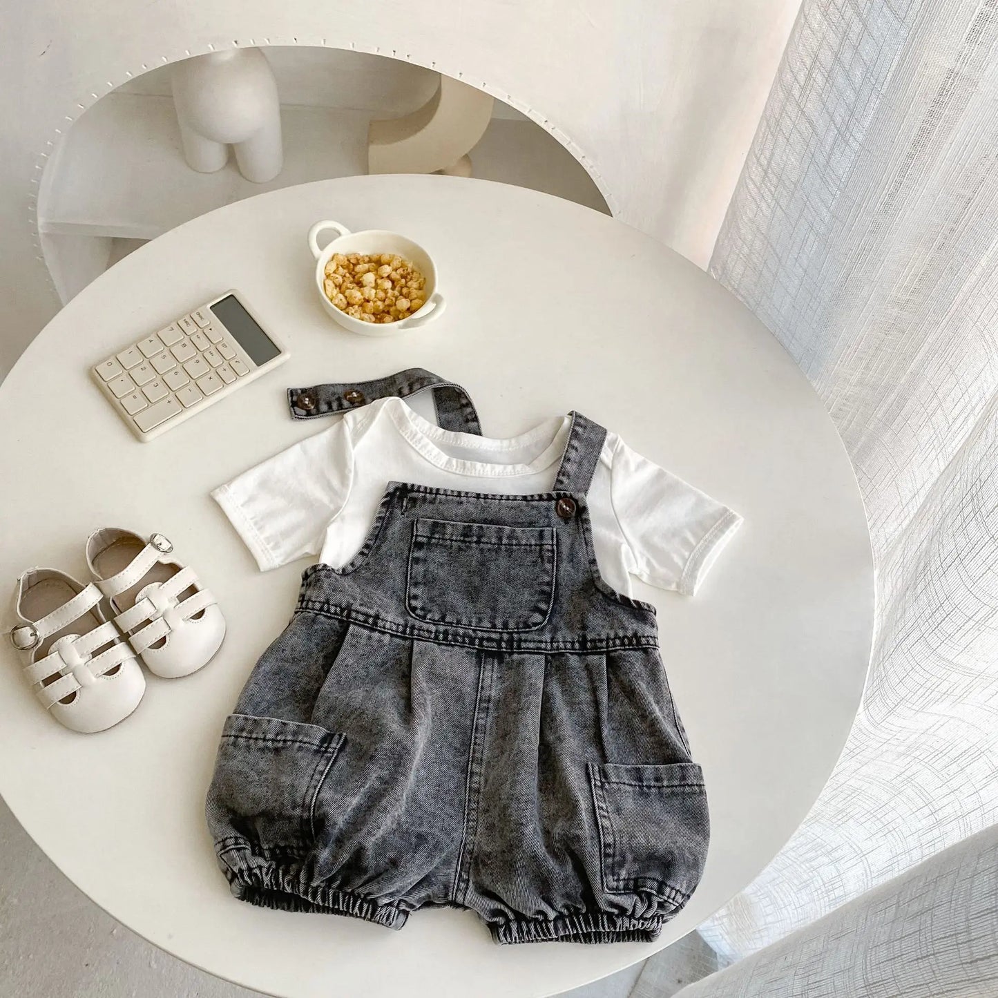 Summer Baby Outfit – Denim Strap Shorts & Rainbow T-Shirt Set (0–3Y) Sold Separately