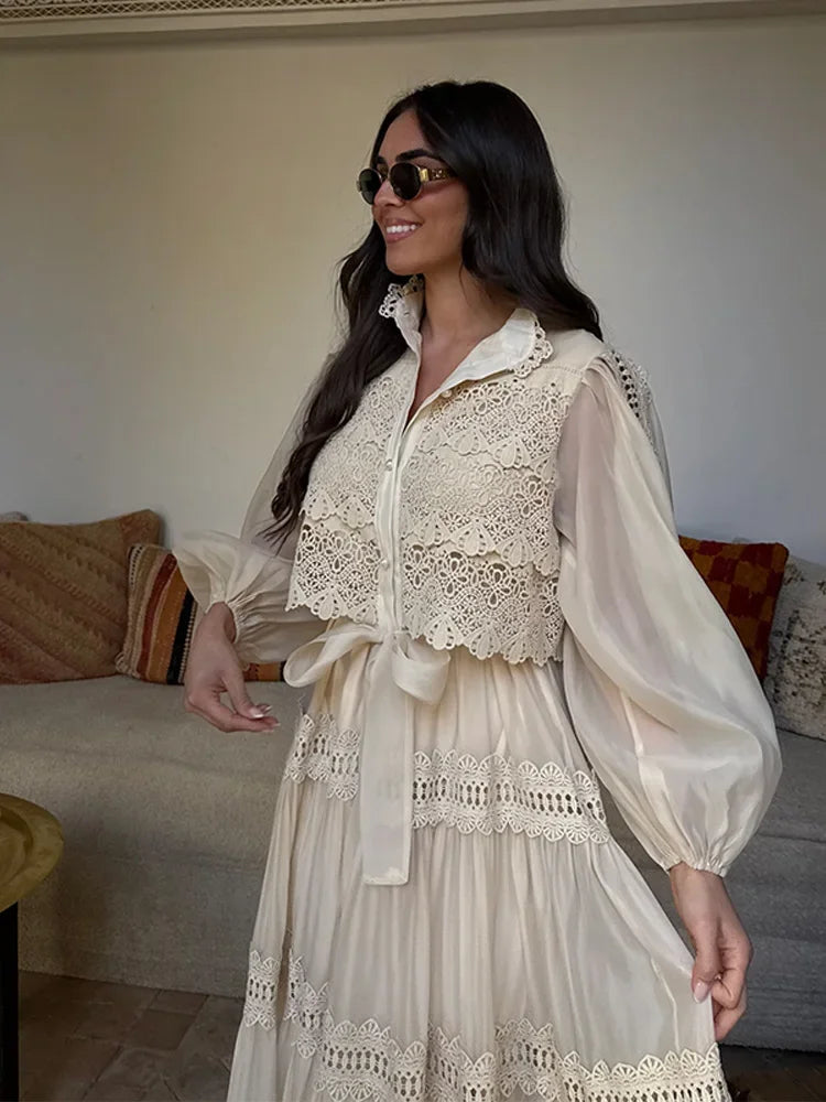 Hollow Out Embroidery Patchwork A-line Long Dress