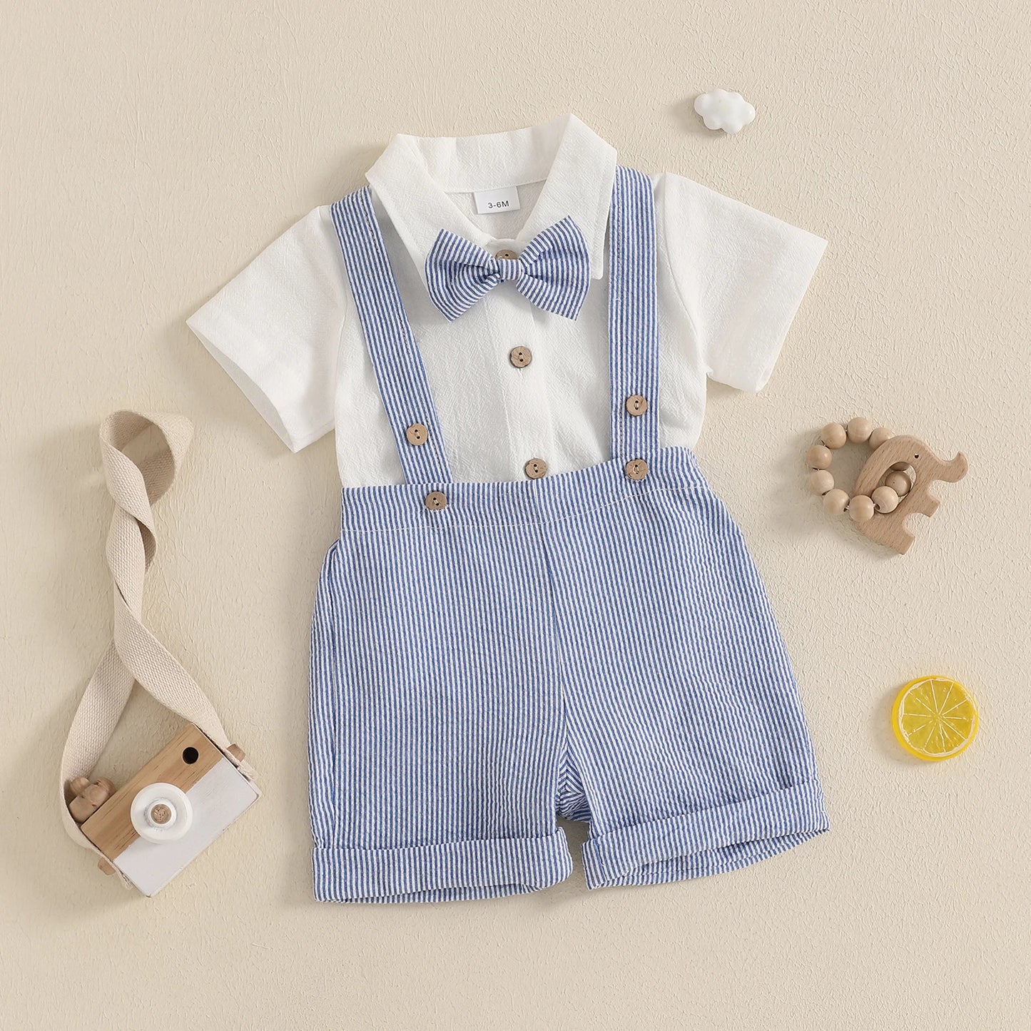 Baby Boy Gentleman Outfit – Summer Romper with Suspender Shorts & Bowtie