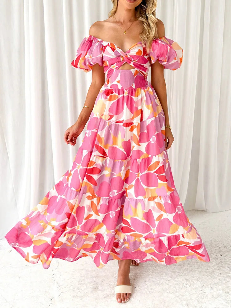 New Hollow Out Puff Sleeve Maxi Dress