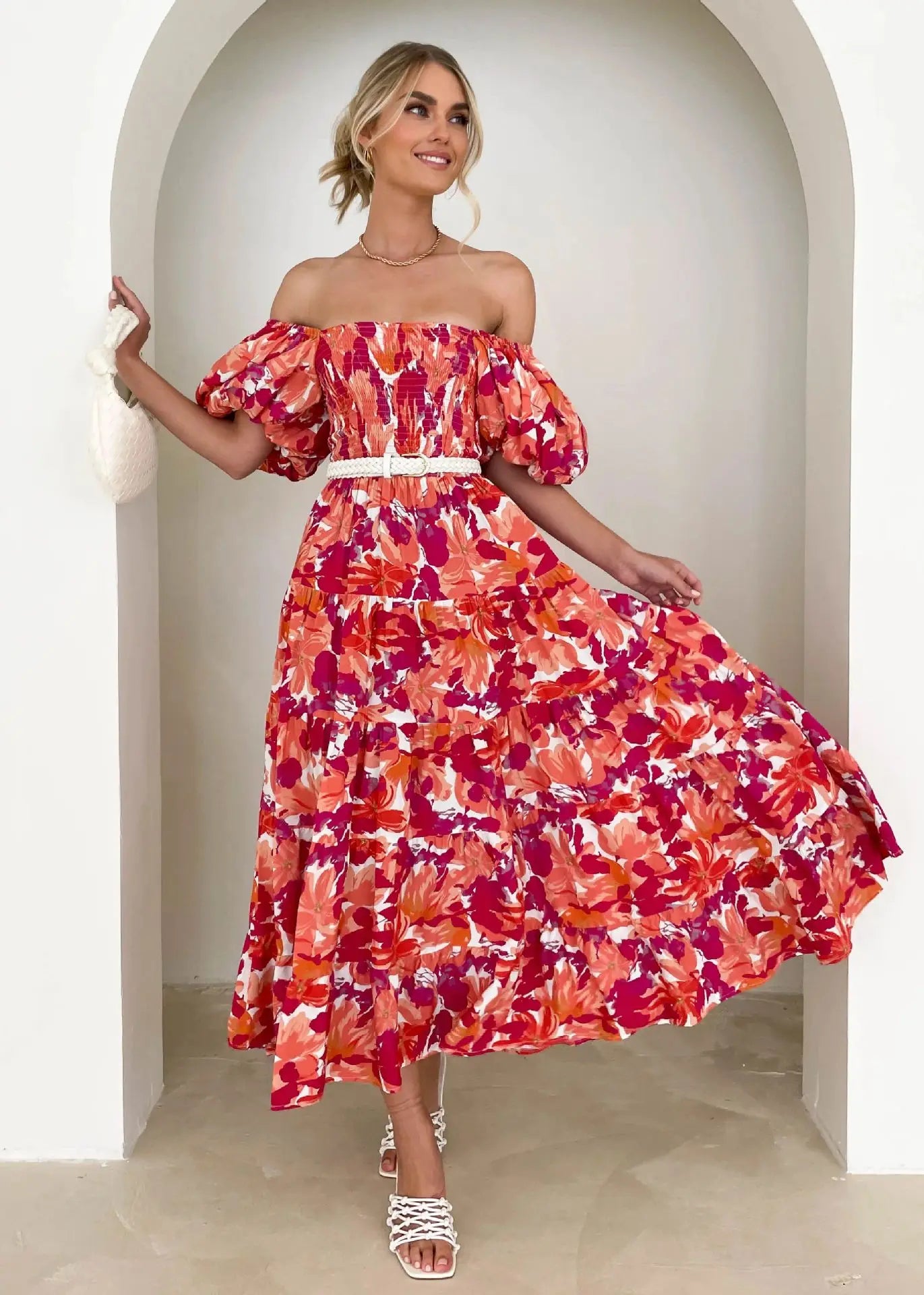 Women’s Off-Shoulder Puff Sleeve Floral Maxi Dress
