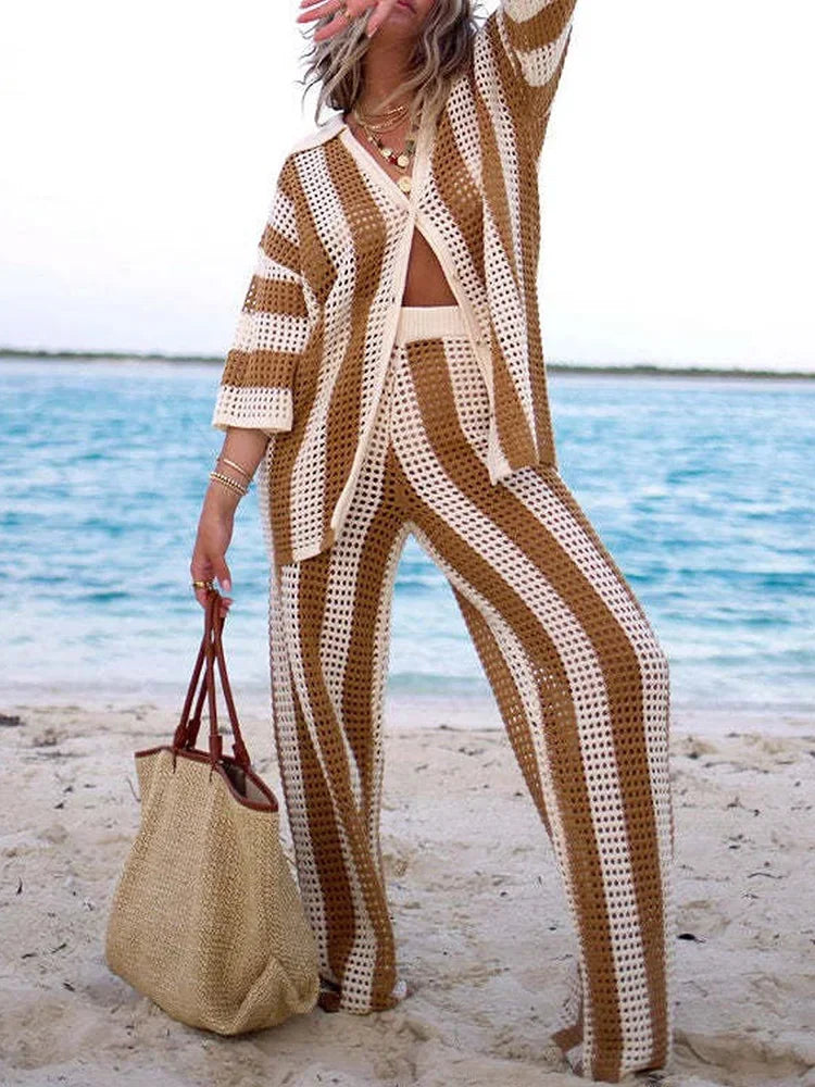 Women’s Striped Knit Two-Piece Set – V-Neck Top & Wide-Leg Pants