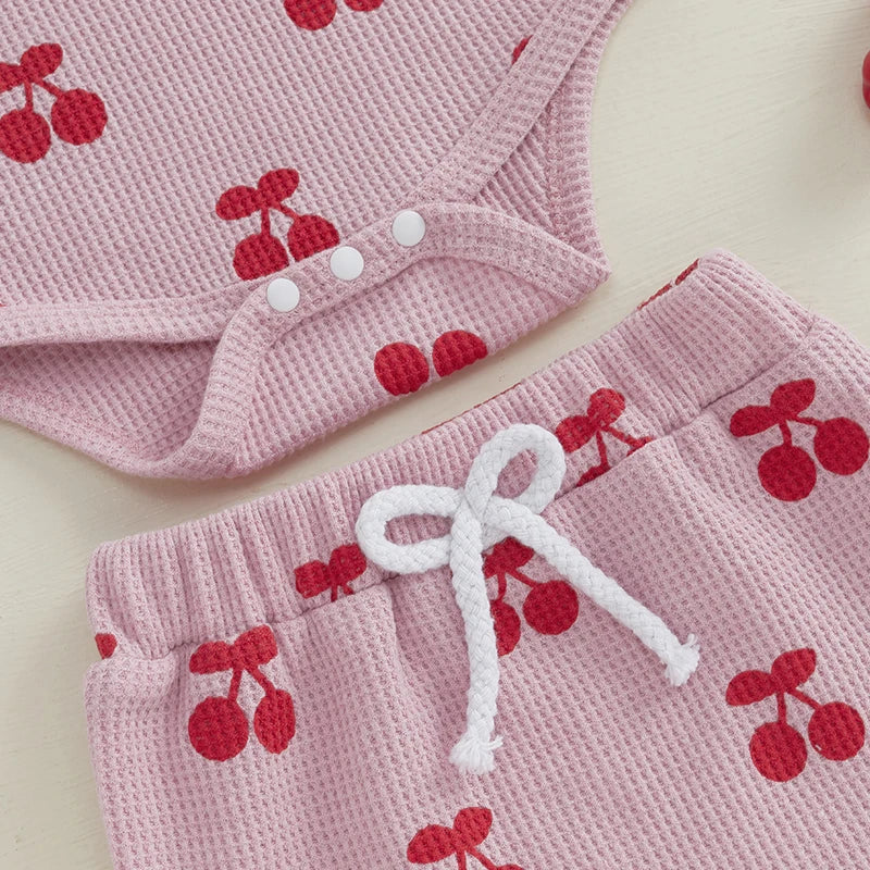 Baby Girls Summer Shorts Outfit – Cherry Romper & Headband Set