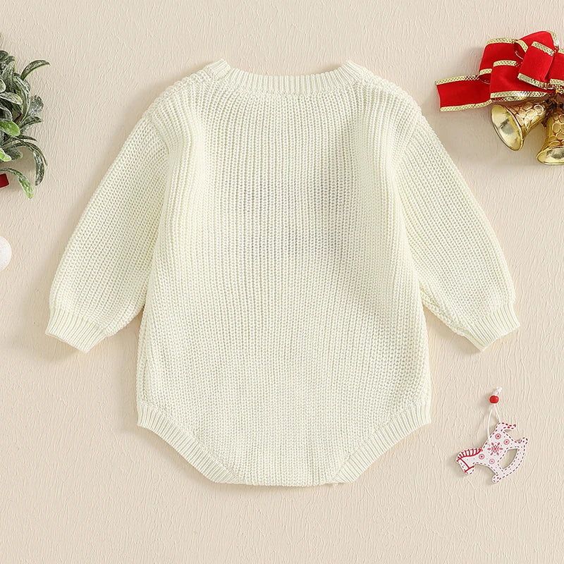Baby Knit Christmas Romper – Letter Embroidered Long Sleeve Jumpsuit