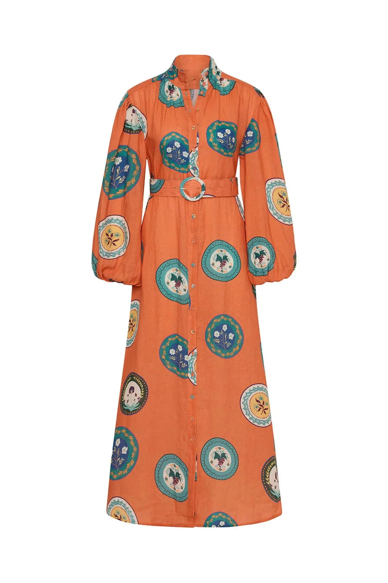 Women’s Orange Floral Print Belted Cotton-Linen Dress