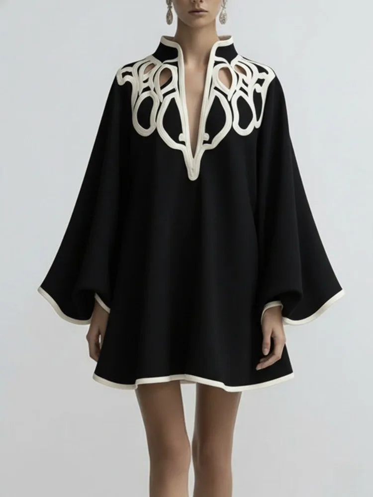 Hollowed V-Neck Mini Dress – Flared Sleeves A-Line Dress -Black