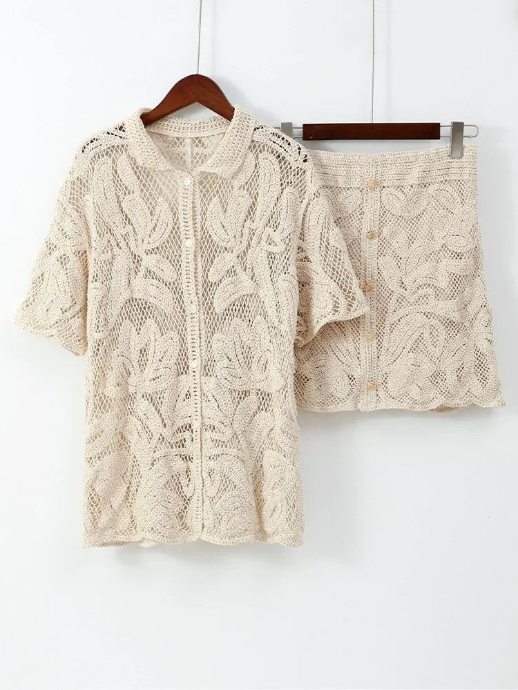 Women’s Hollow Out Knitted Skirt 2-Piece Set – V-Neck Top & Mini Skirt