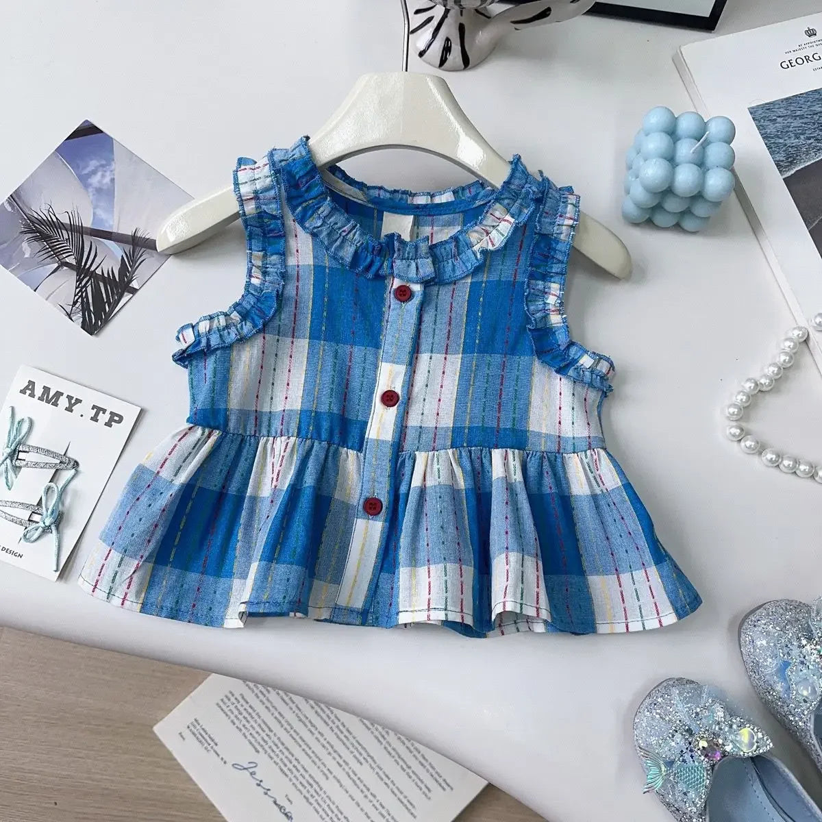 Girls’ Checkered Outfit Set – Sleeveless Top & Wide-Leg Pants