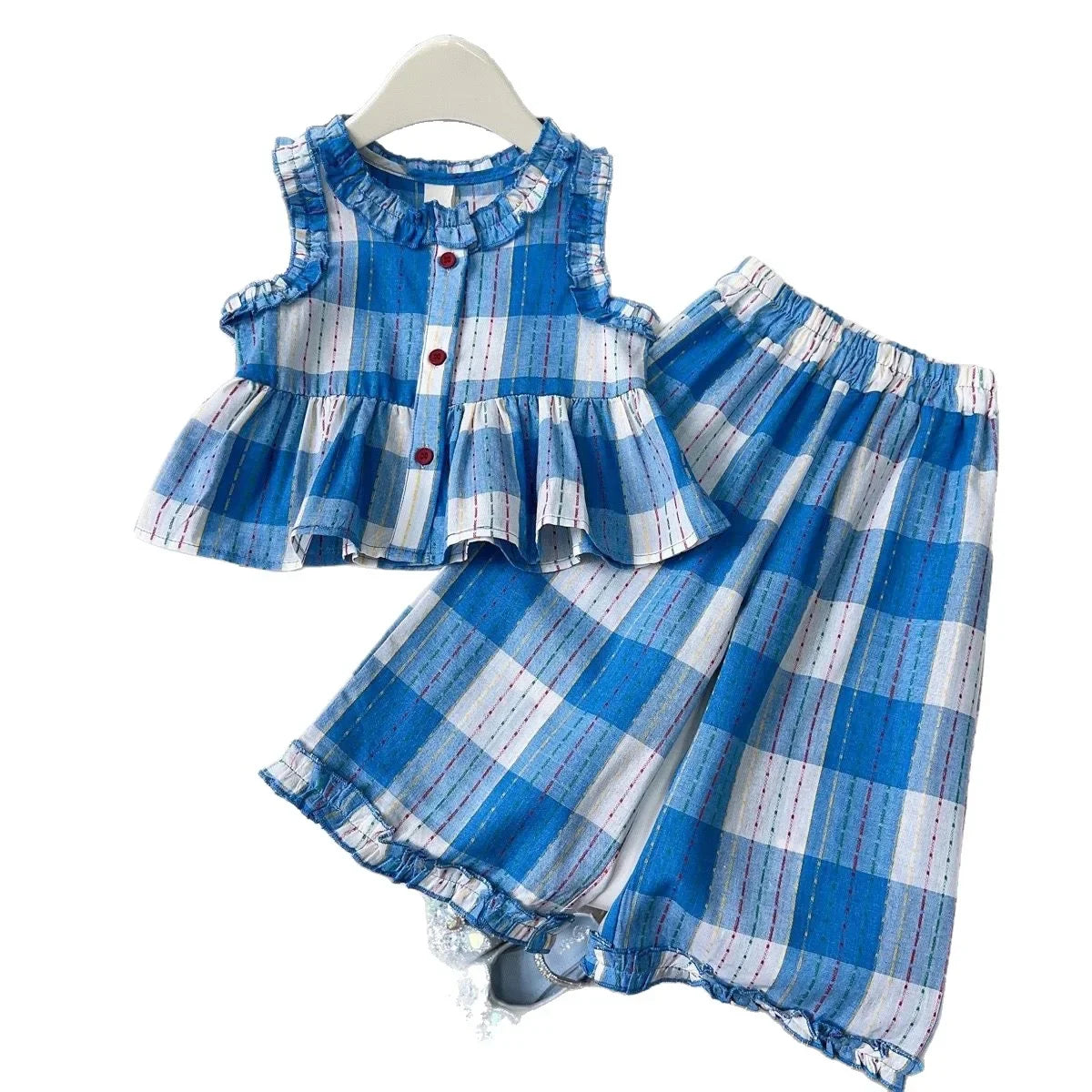 Girls’ Checkered Outfit Set – Sleeveless Top & Wide-Leg Pants