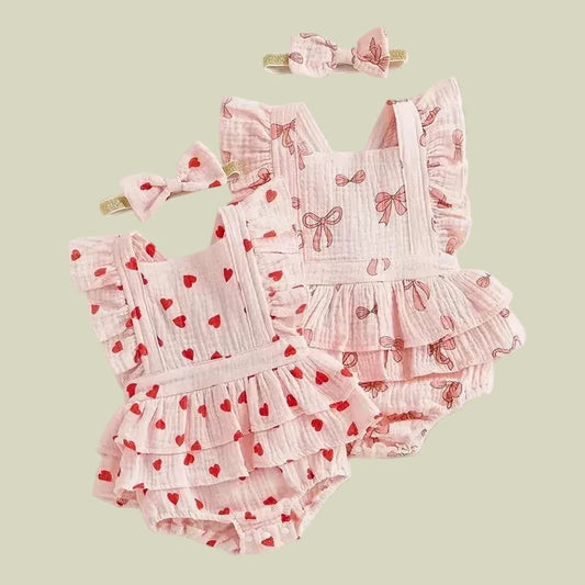 Bow & Heart Print Bodysuit with Headband