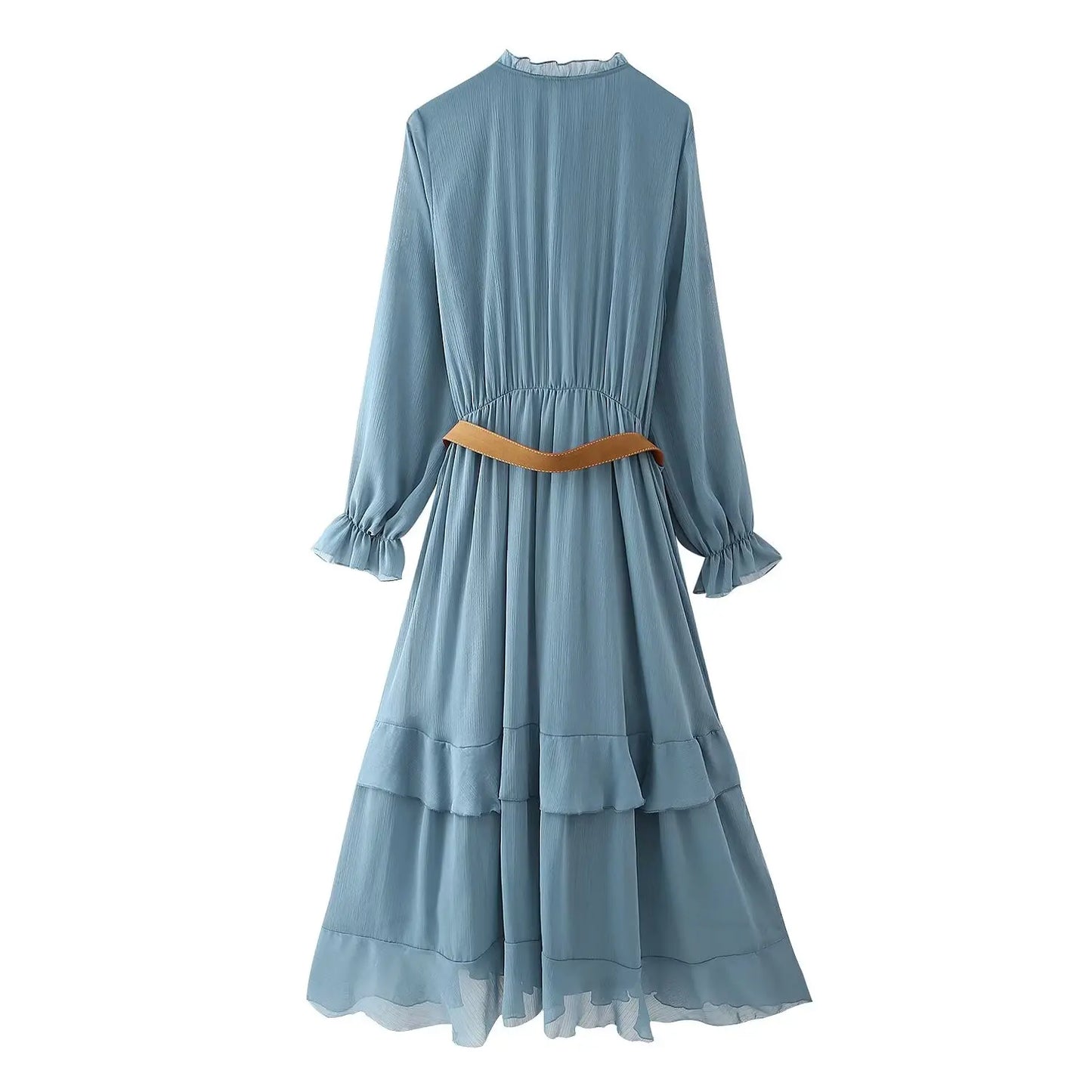 Women’s Elegant Belted Dress – European & American Style with Layered Detail