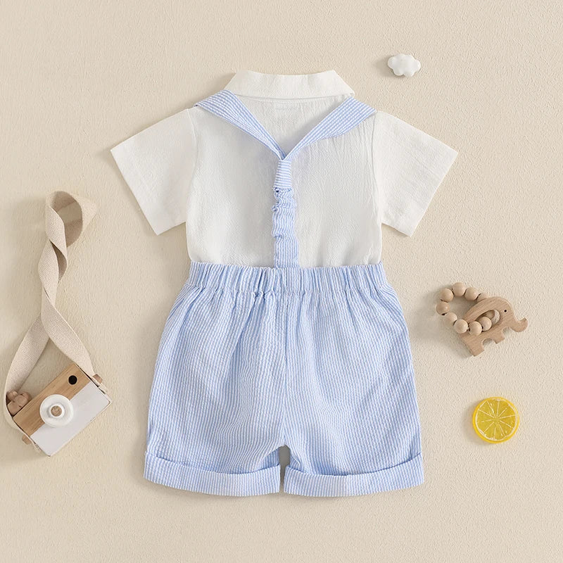 Baby Boy Gentleman Outfit – Summer Romper with Suspender Shorts & Bowtie