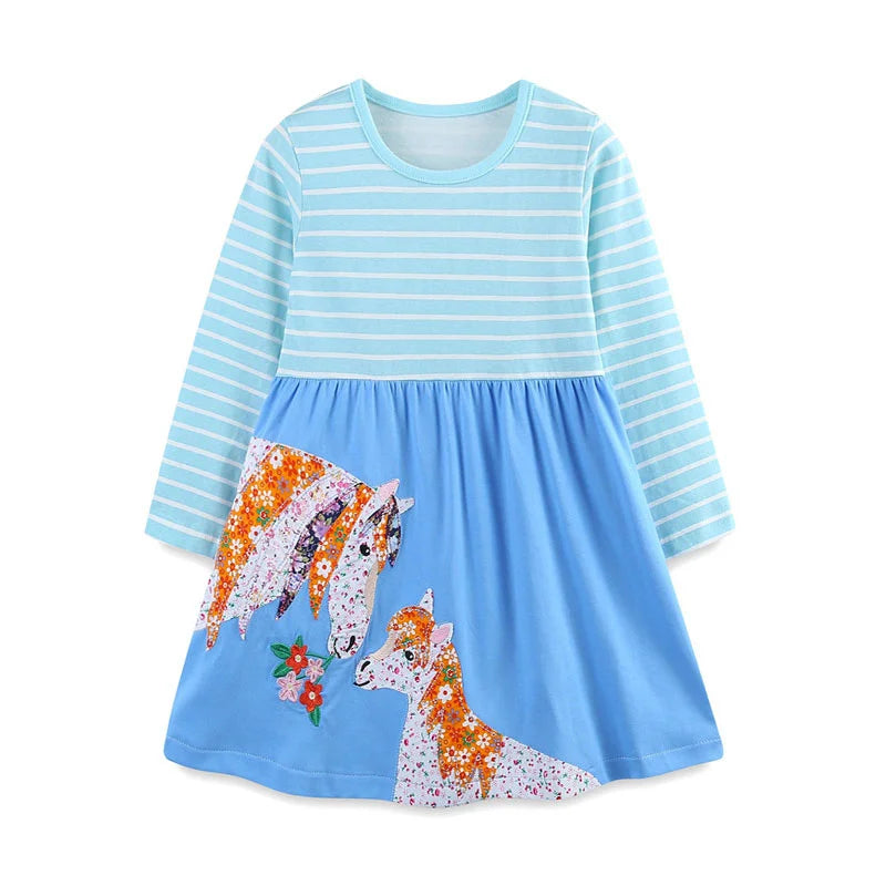 Girls Long Sleeve Animal Applique Cotton Dress