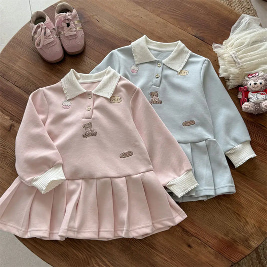Toddler Girls Autumn Polo Dress – Cartoon Embroidery