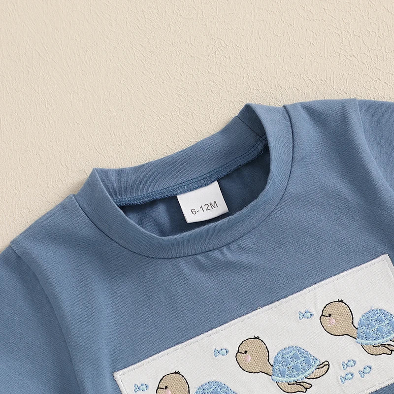 Toddler Boy Summer Outfit – Whale/Dinosaur/Turtle Tee & Striped Shorts (2-Piece Set)