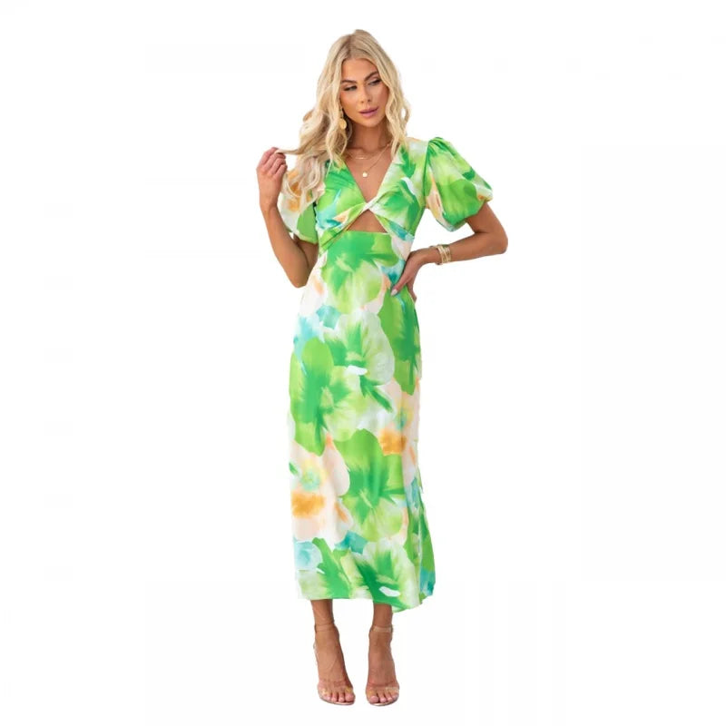 Women’s Puff Sleeve Floral Print Long Dress – V-Collar Hollow Out Design