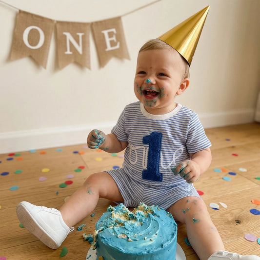Baby Boy First Birthday Outfit- Number Embroidery Striped Top & Shorts Set