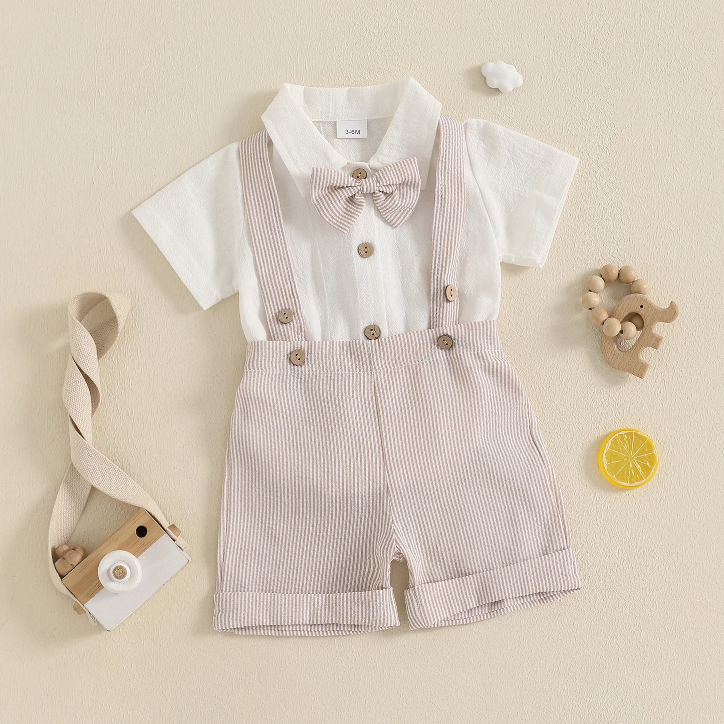 Baby Boy Gentleman Outfit – Summer Romper with Suspender Shorts & Bowtie