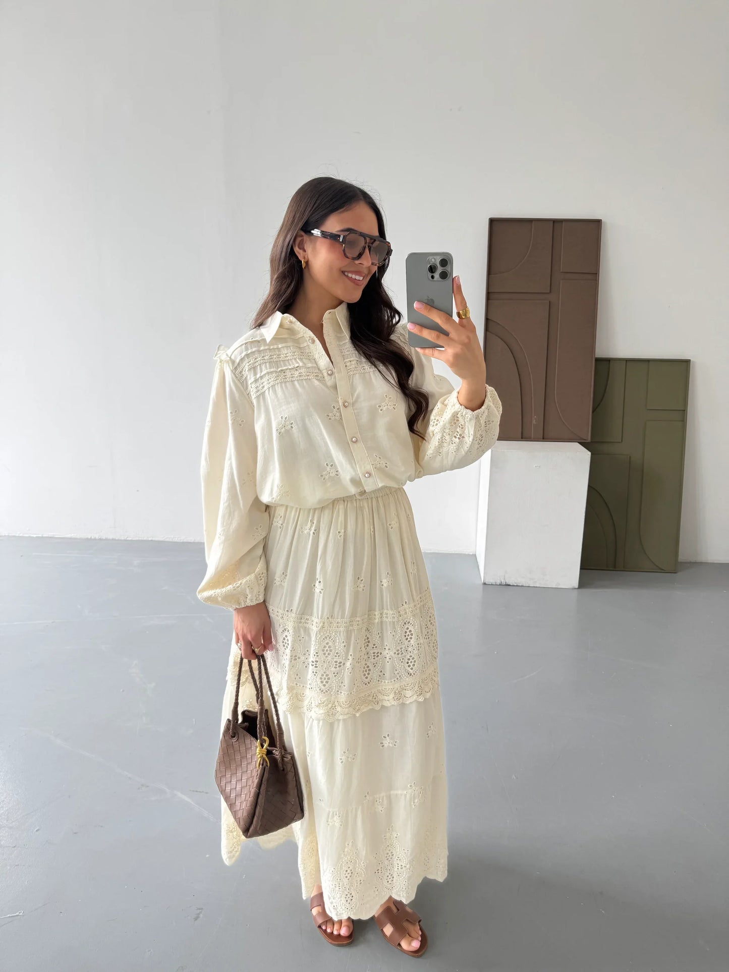 Embroidery Hollow Out Shirt & Skirt Set