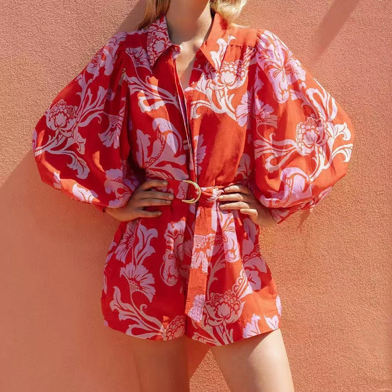 Elegant Linen Print Short Jumpsuit – Women’s Casual Playsuit