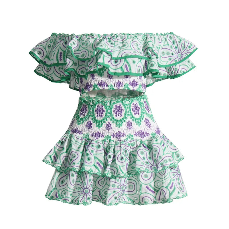 Summer Slash Neck Crop Top & Ruffled Mini Skirt-Two Piece Set