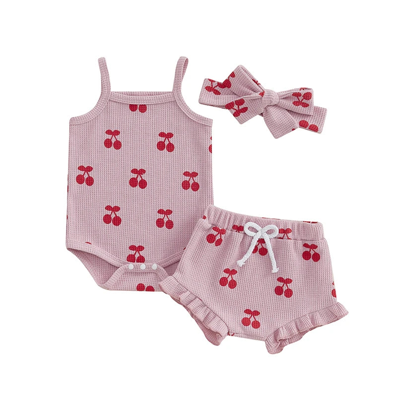 Baby Girls Summer Shorts Outfit – Cherry Romper & Headband Set