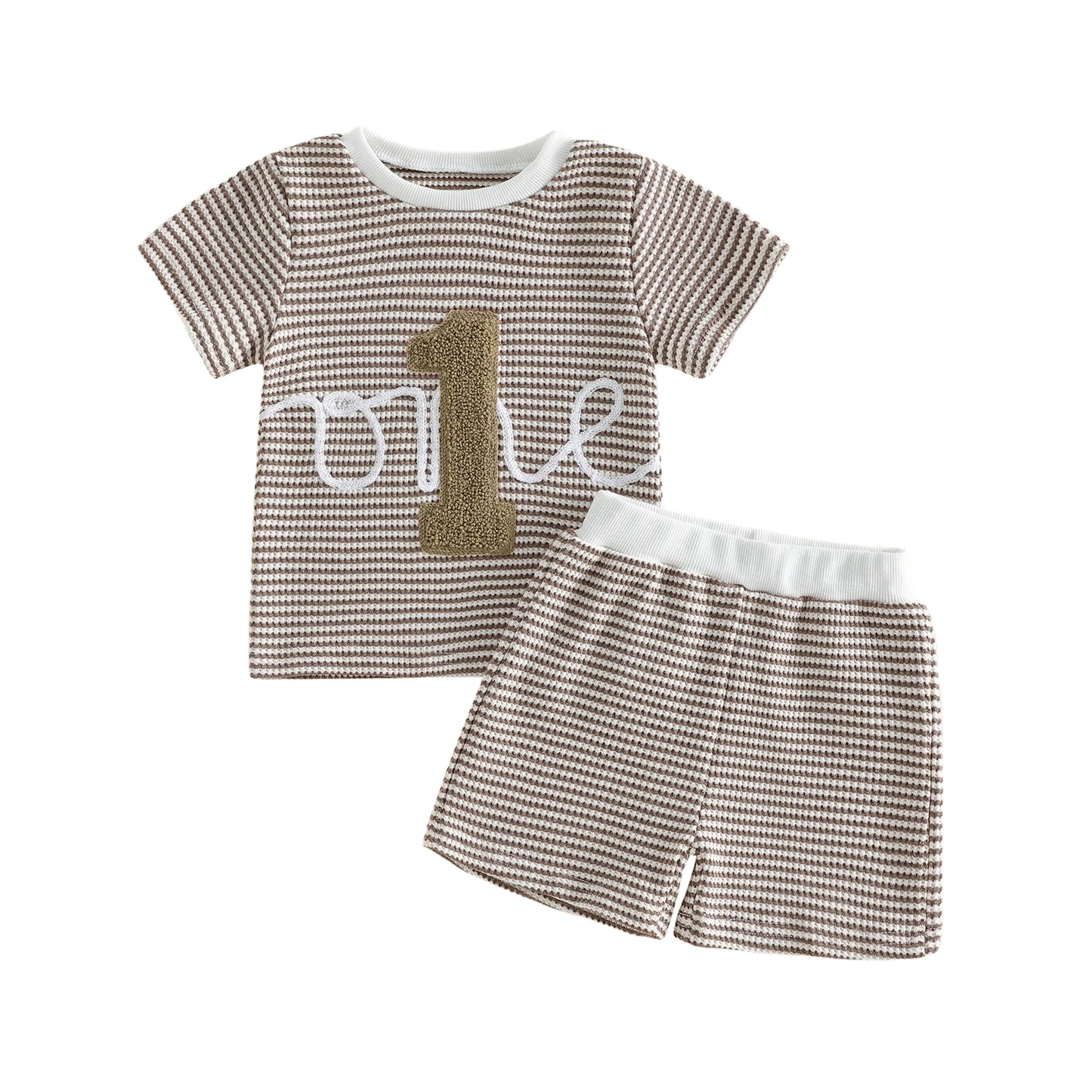 Baby Boy First Birthday Outfit- Number Embroidery Striped Top & Shorts Set