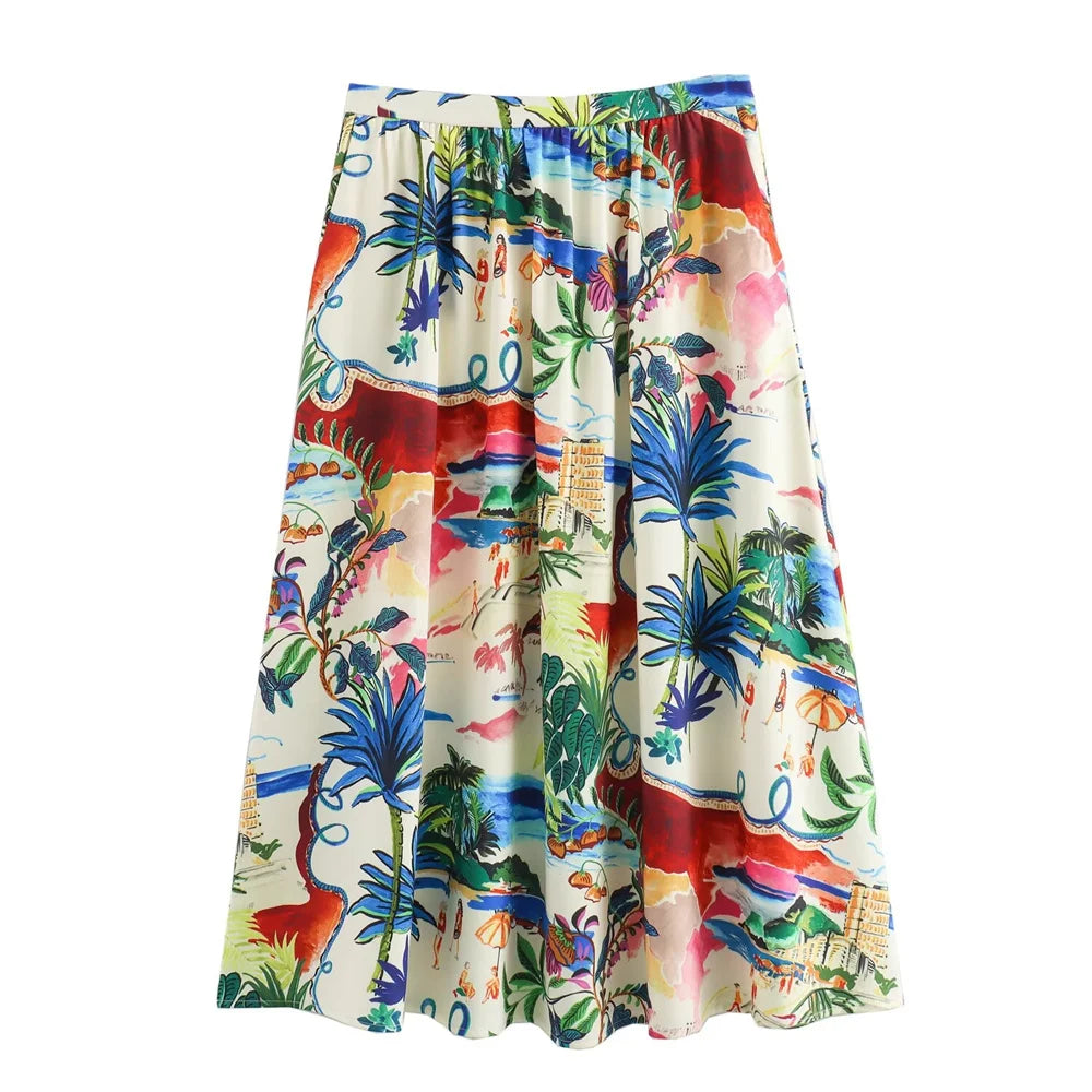 Printed Short Sleeve Shirt & High-Waist Midi Skirt Set – Casual Two-Piece Outfit