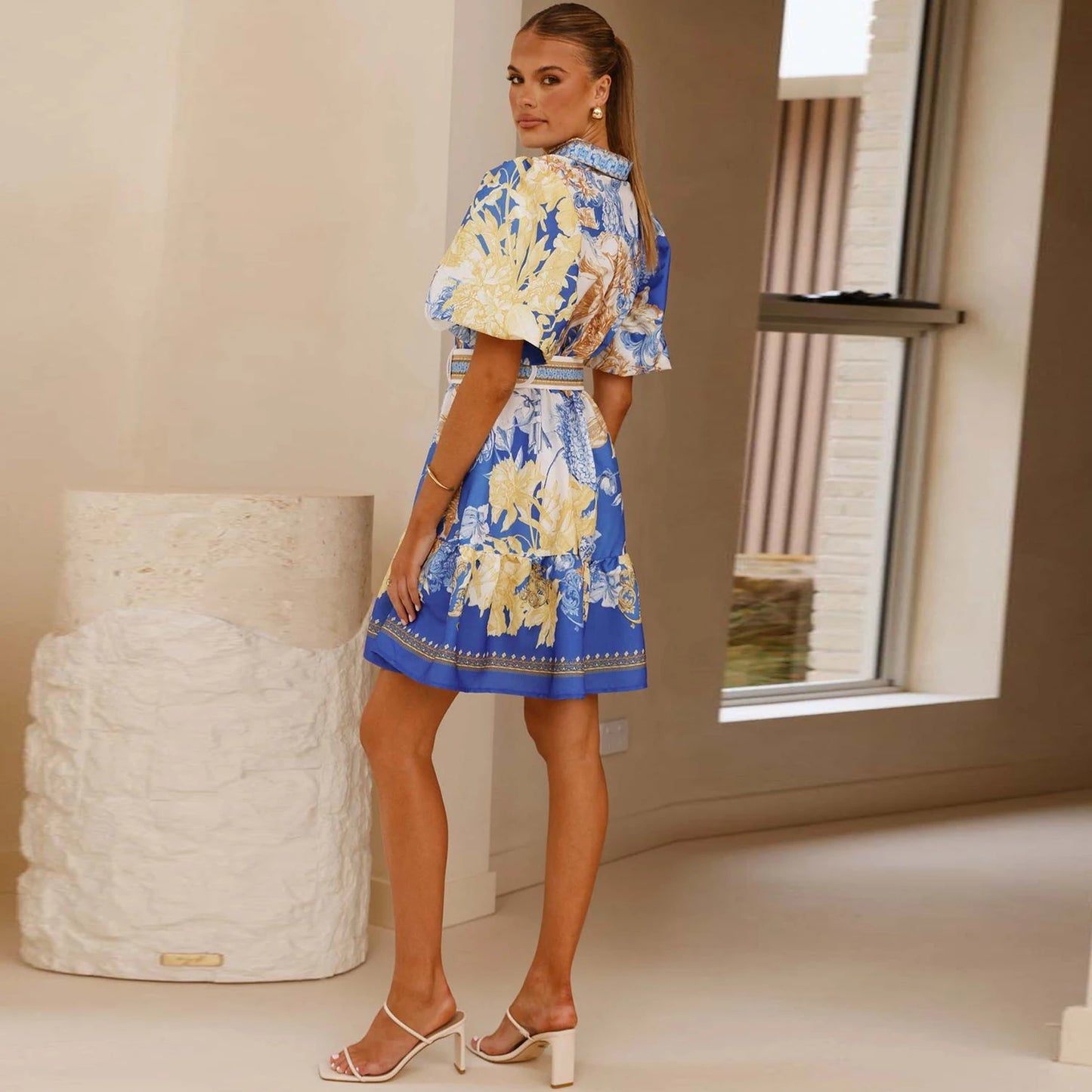 Elegant Floral Print Turn-Down Collar A-Line Mini Dress