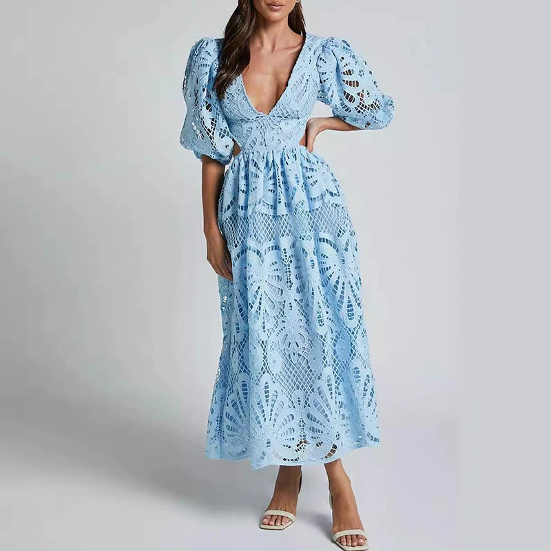 Women’s Embroidered Lace Puff Sleeve A-Line Dress