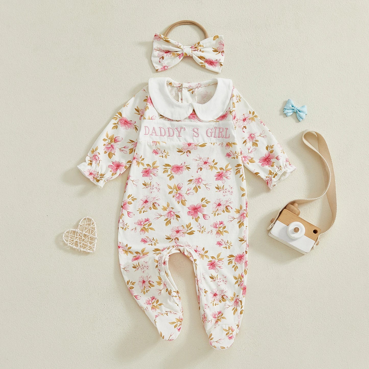 Newborn Baby Girl Bow/Floral Print Jumpsuit with Headband