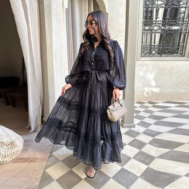 Hollow Out Embroidery Patchwork A-line Long Dress