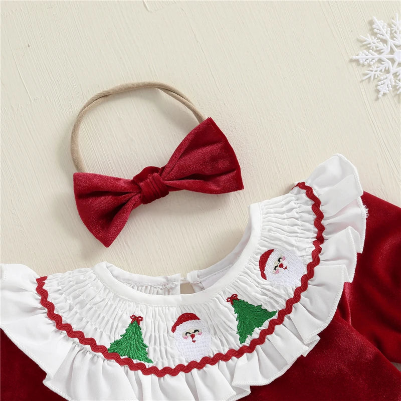 Newborn Baby Girl Christmas Outfit – Santa Tree Embroidered Romper with Headband