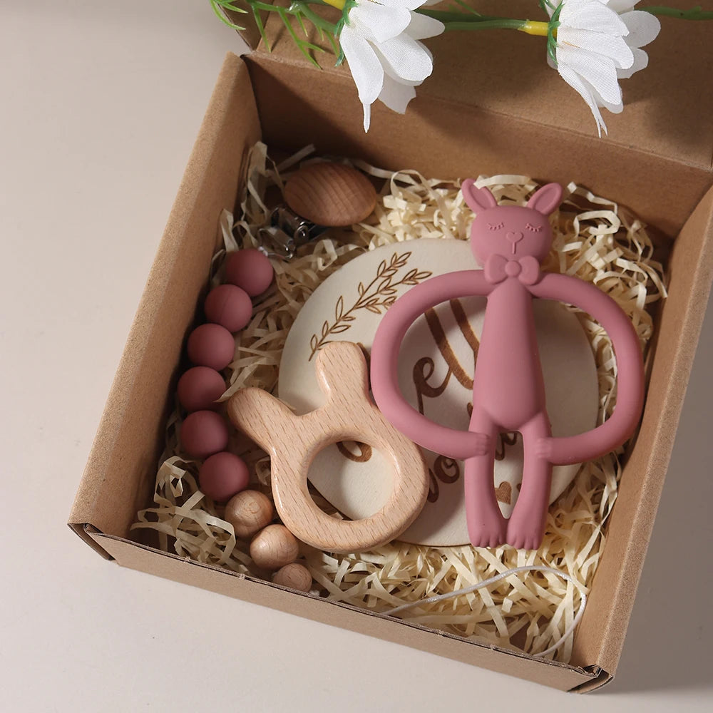 Newborn Growth Milestone Cards & Bunny Teether Gift Set