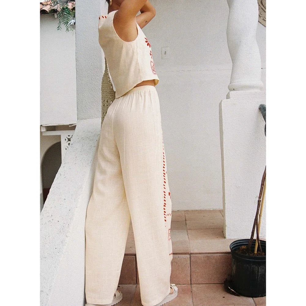 Women’s 2-Piece Floral Print Tie Front Tank Top & Wide-Leg Pants Set