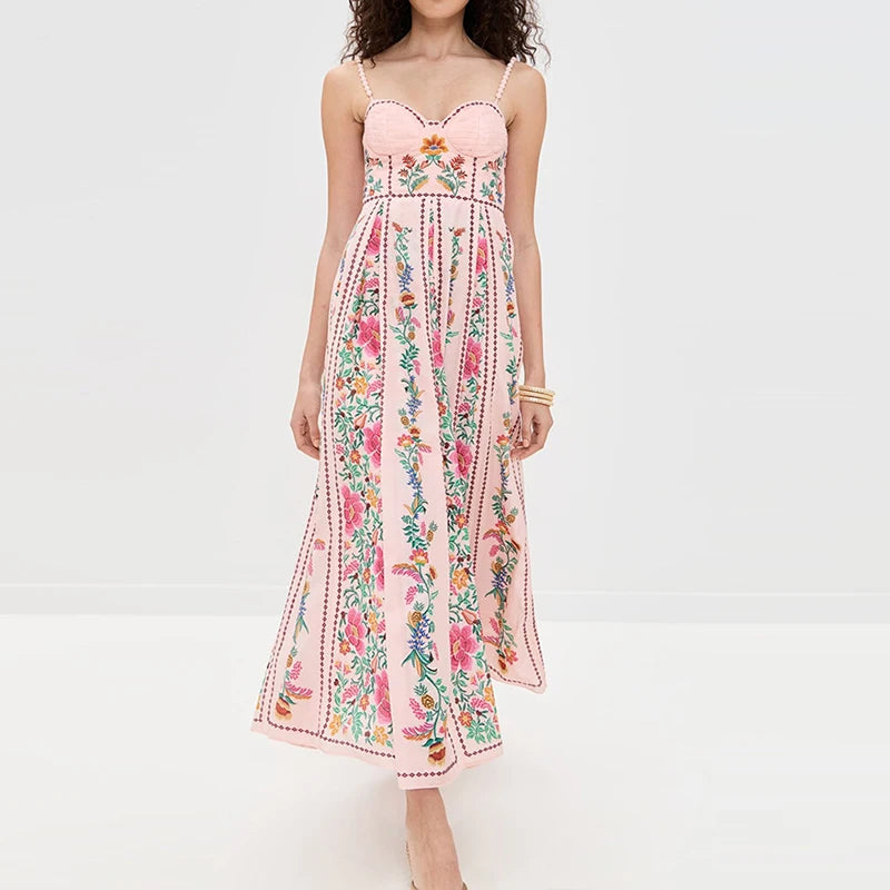 Women’s Elegant Evening Dress – Romantic Floral Print Suspender Style