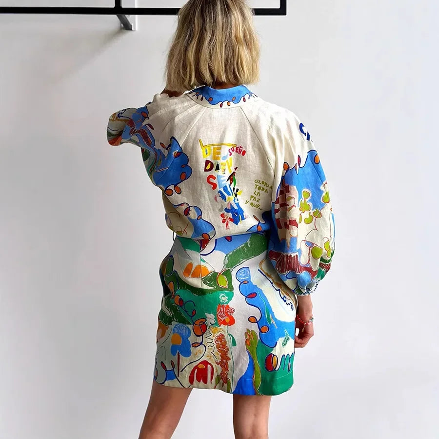 Linen-Look Shirt Dress – Casual Printed Lace-Up Mini Dress