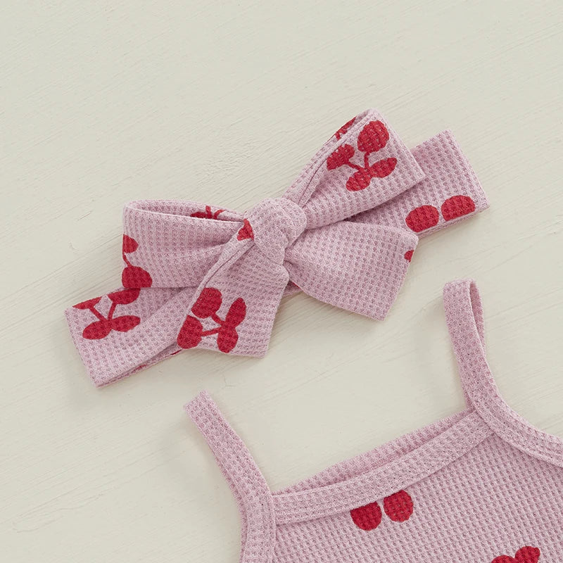 Baby Girls Summer Shorts Outfit – Cherry Romper & Headband Set
