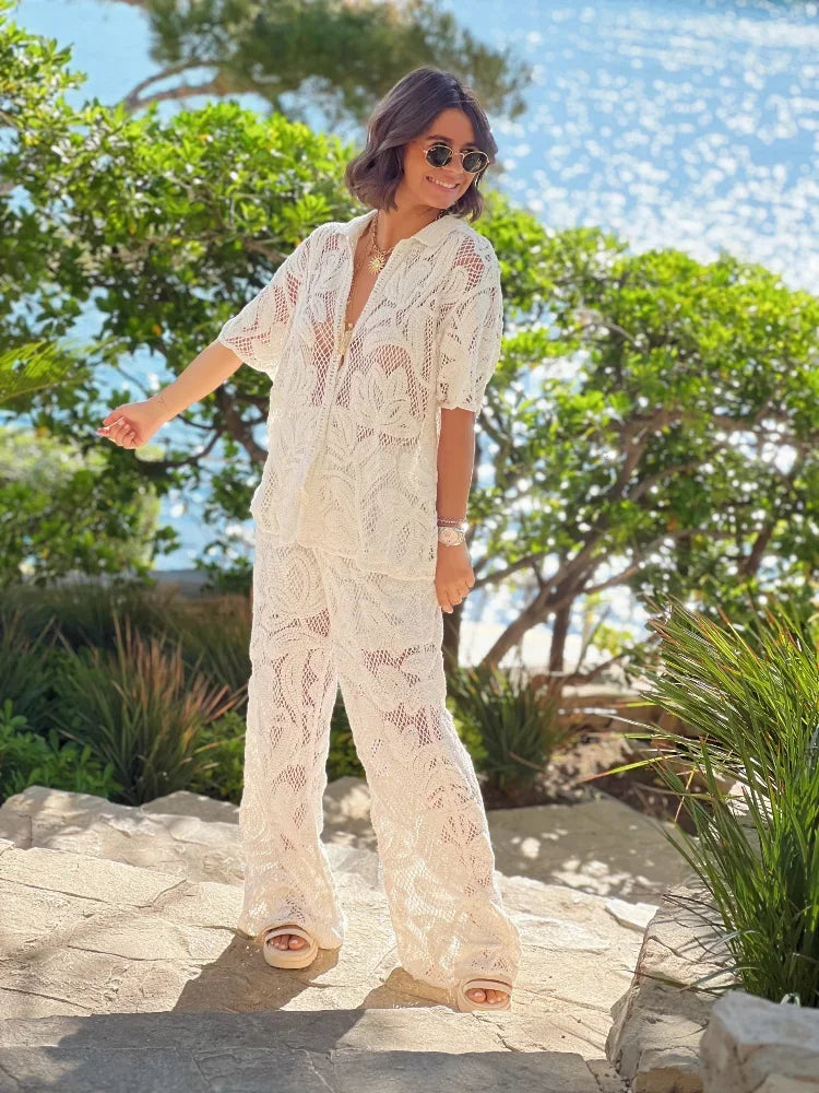 Women’s Crochet Hollow Out Loungewear Set – Top & Wide-Leg Pants