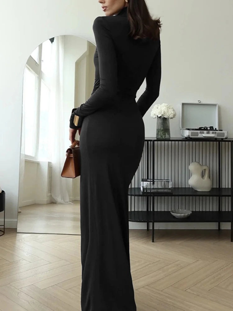 Women’s Autumn & Winter High-Neck Waist Tie Long Dress