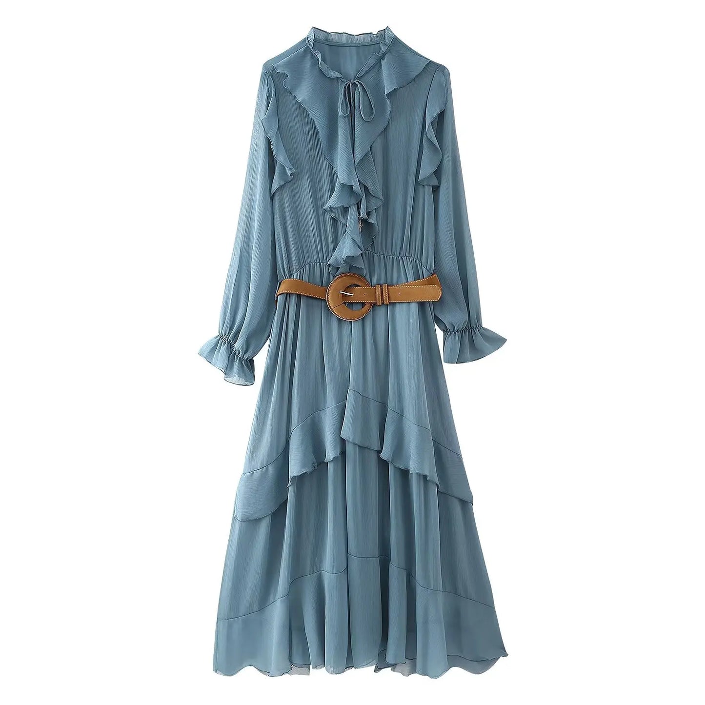 Women’s Elegant Belted Dress – European & American Style with Layered Detail