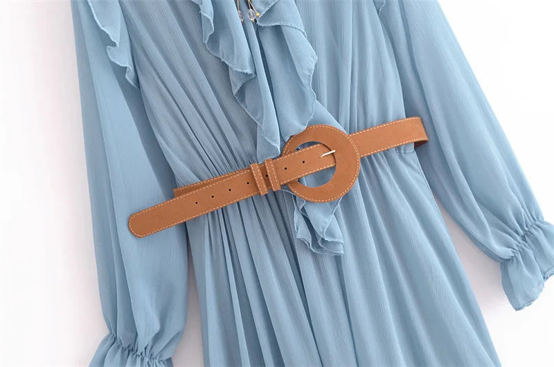 Women’s Elegant Belted Dress – European & American Style with Layered Detail