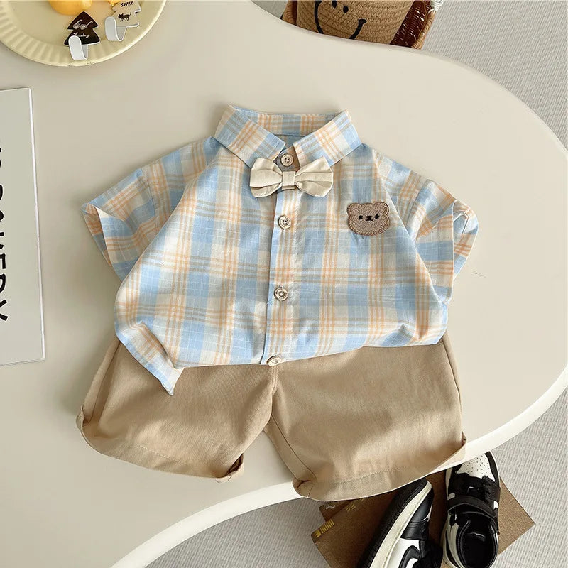 Summer Baby Boys Gentleman Outfit – Bow Tie Check Shirt & Shorts Set