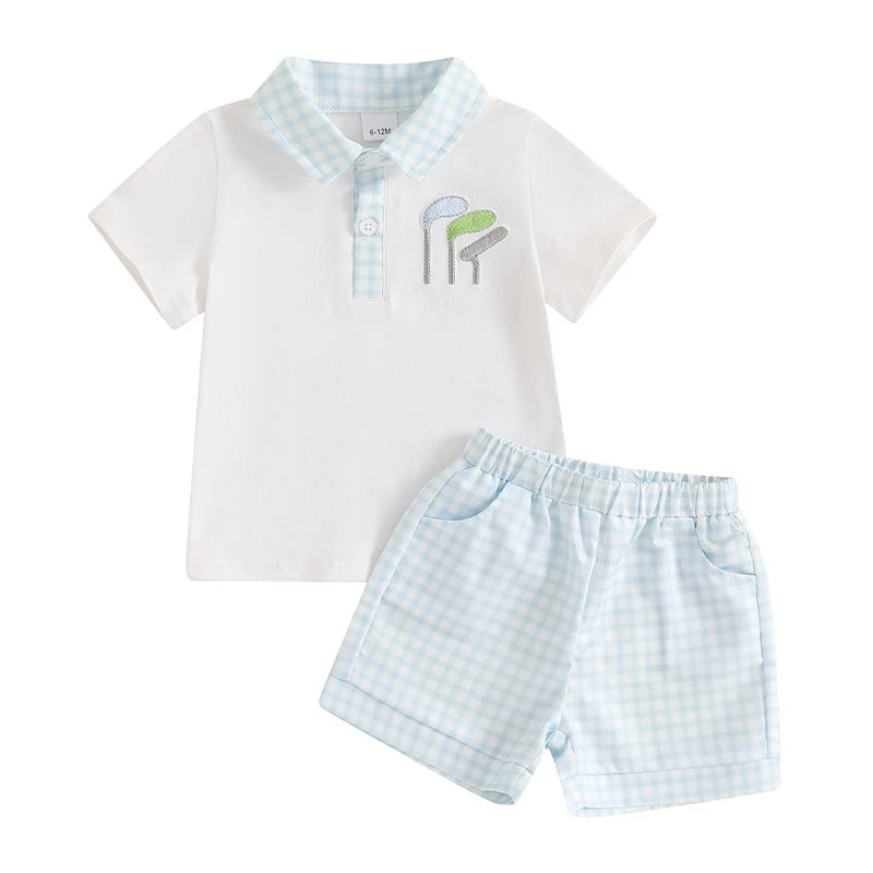 Baby Boy 2-Piece Summer Outfit – Golf Club Embroidered Shirt & Plaid Shorts