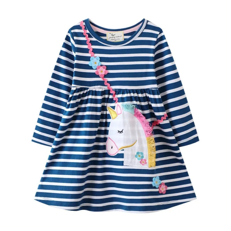Girls Long Sleeve Animal Applique Cotton Dress