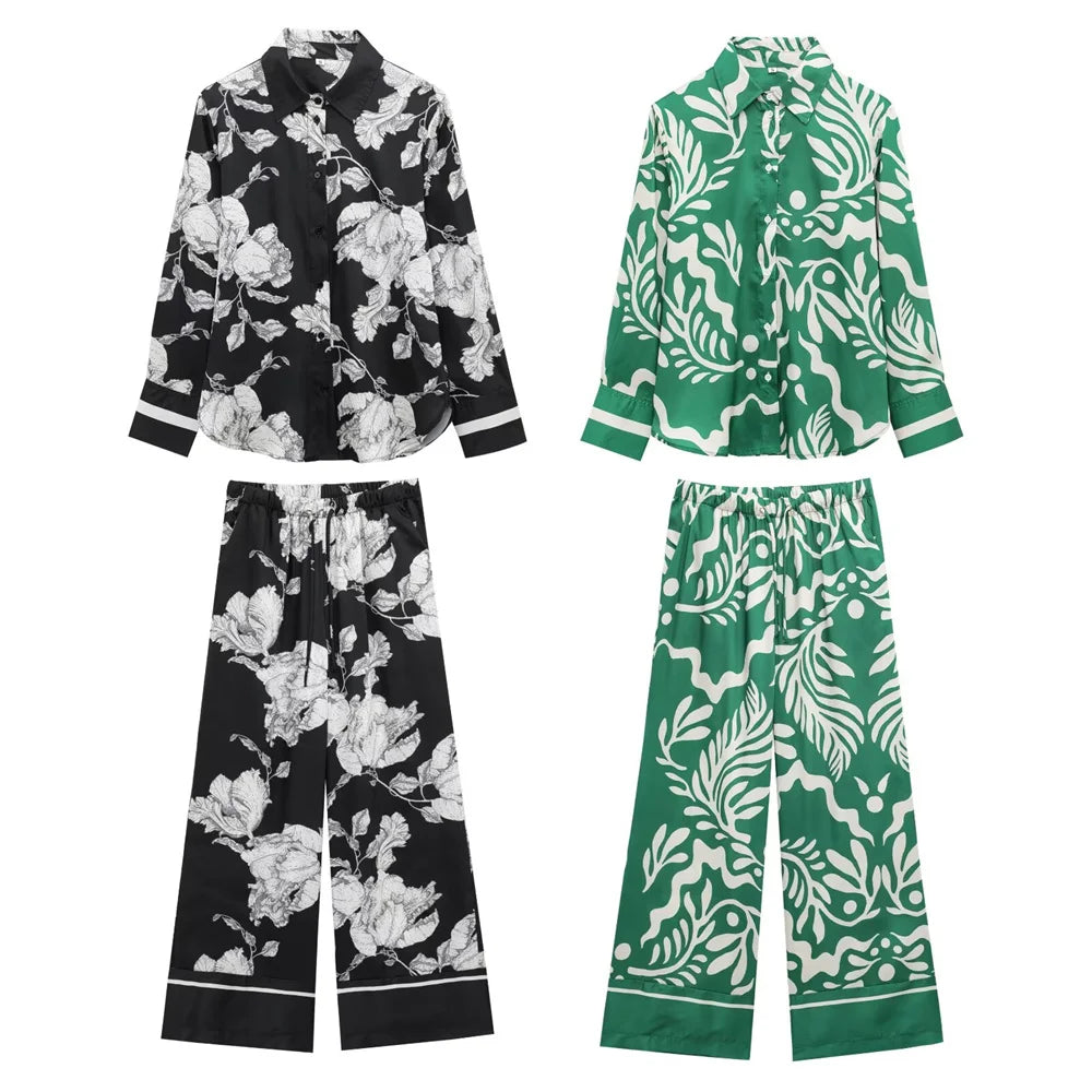 Women’s Fashion Printed Shirt & High Waist Straight Pants Set