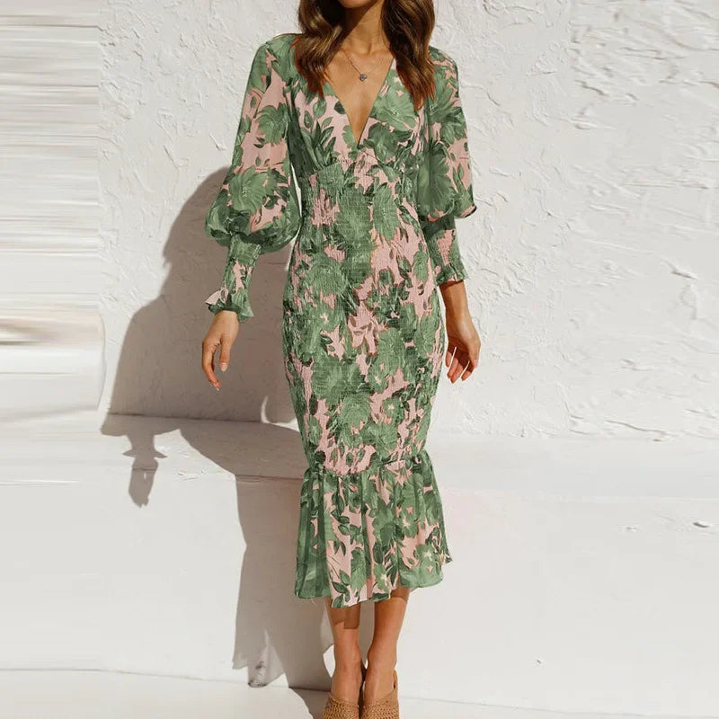 Elegant Spring Floral Print Lantern Sleeve V-Neck Fishtail Midi Dress