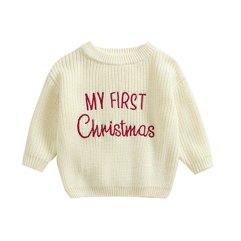 Baby Christmas Letter Embroidered Knitted Sweater – Long Sleeve Pullover (0–24 Months)